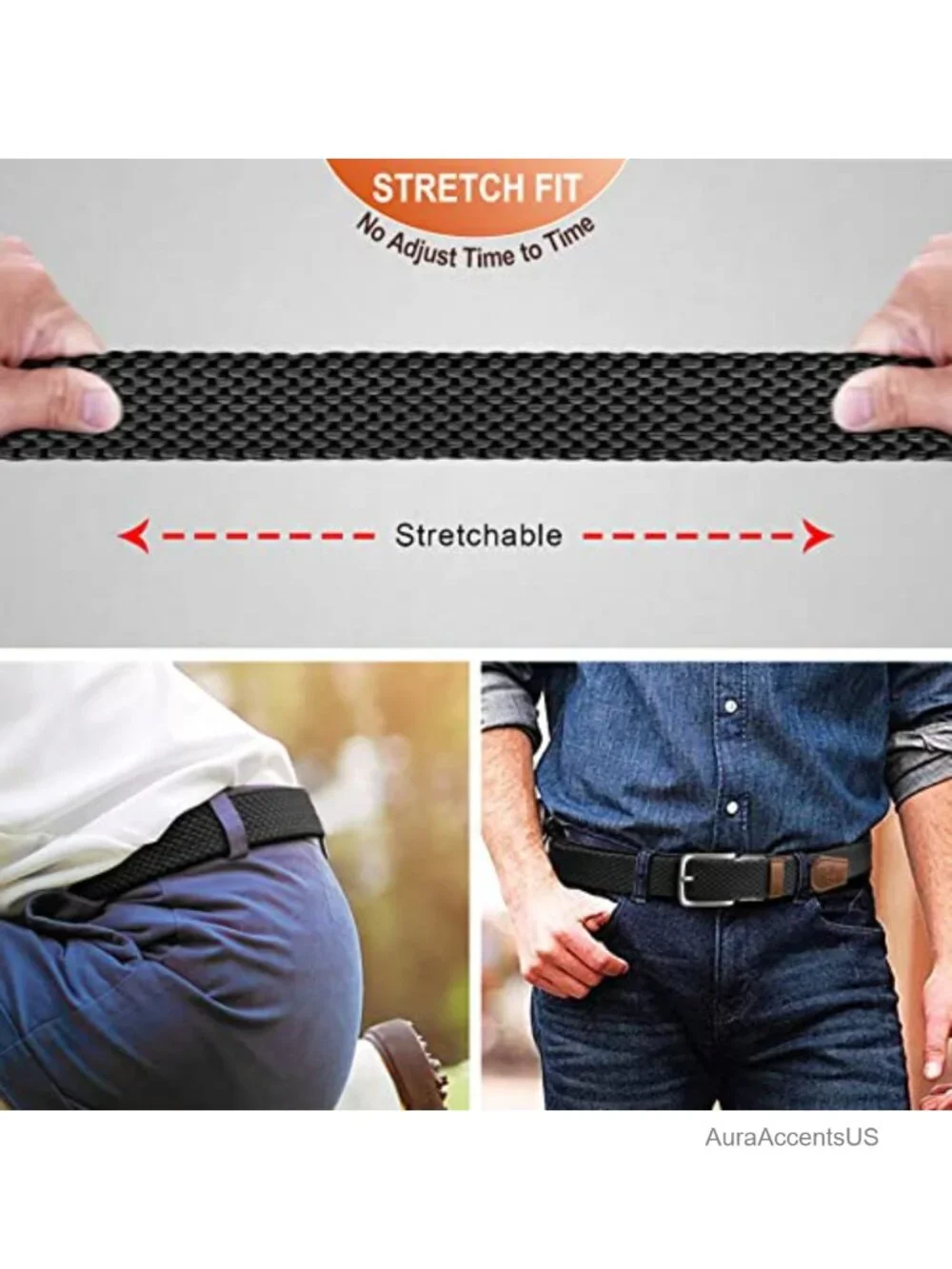 Men's Reversible Stretch Braided Woven Web Belt, 2-in-1, Holeless, Adjustable,